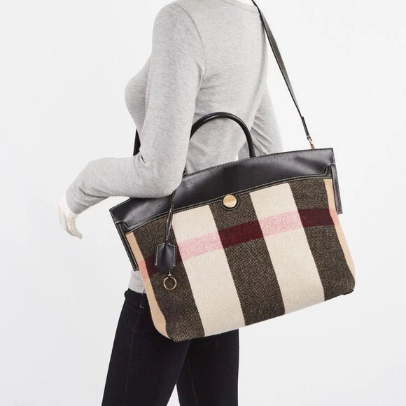 Burberry Black Leather Check Wool Medium Society Tote Bag - Picture 2 of 12